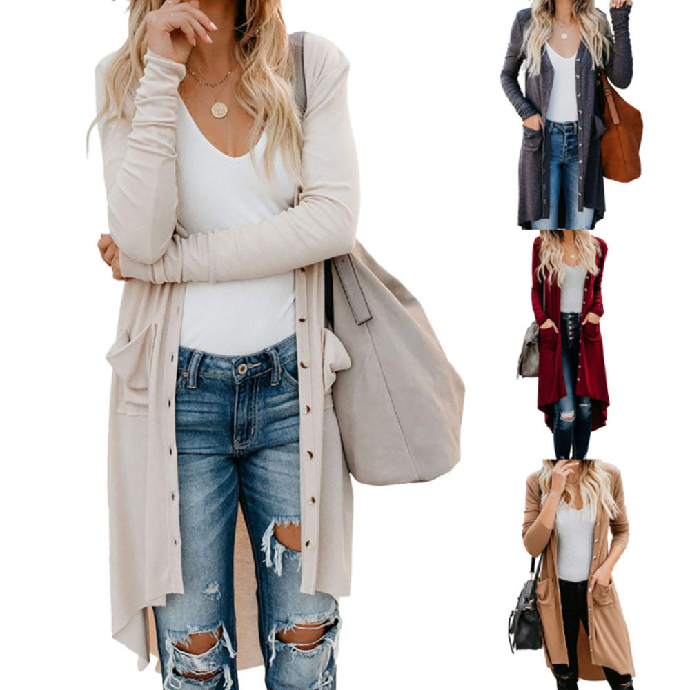 Women's Long Cardigan with Button Details and Pockets