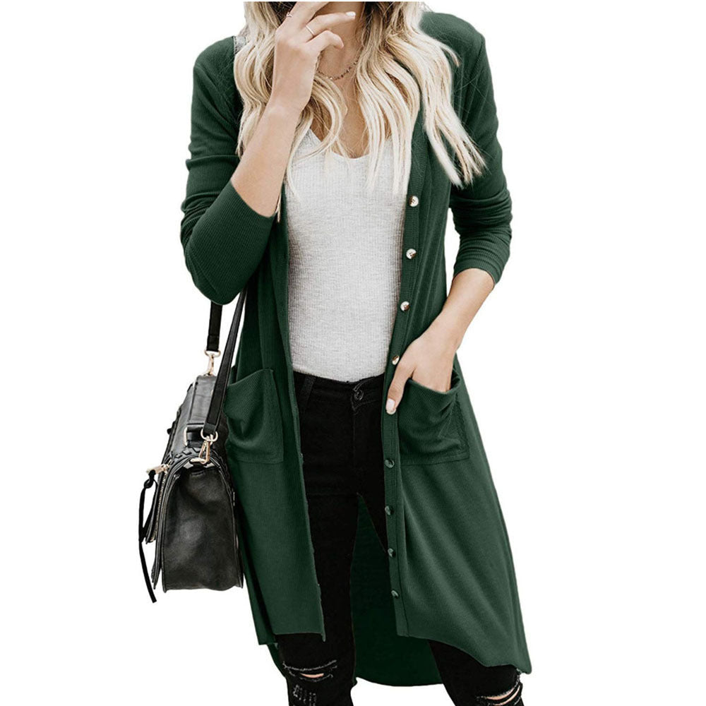 Women's Long Cardigan with Button Details and Pockets