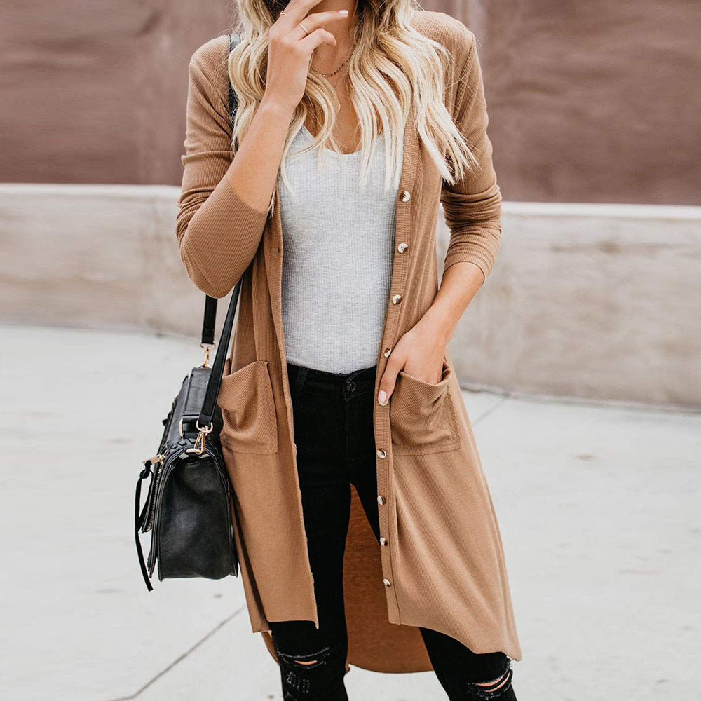 Women's Long Cardigan with Button Details and Pockets