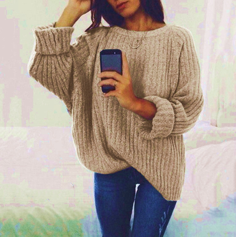 Women's Chunky Knit Sweater with Loose Fit and Wide Round Neckline