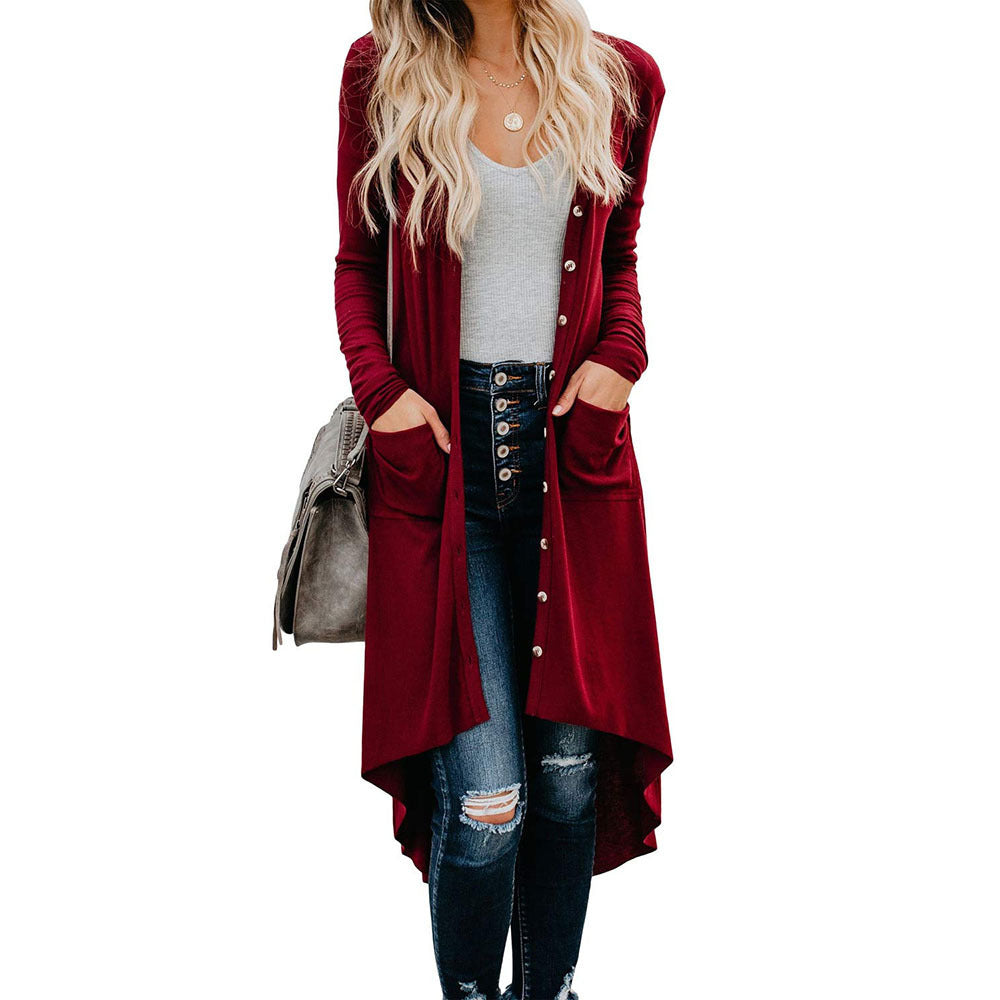 Women's Long Cardigan with Button Details and Pockets