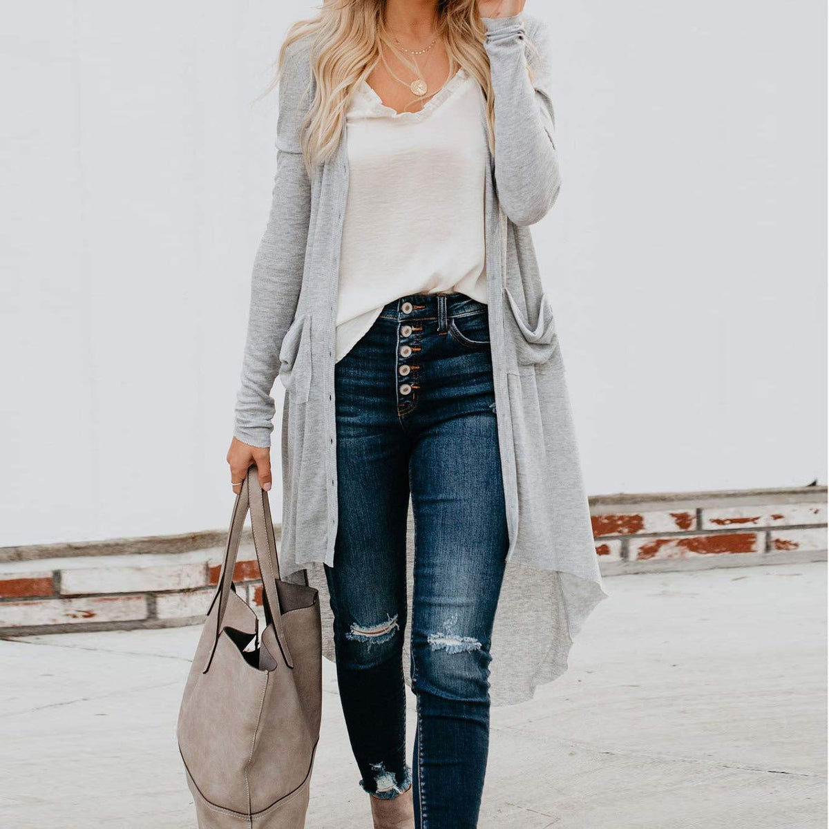 Women's Long Cardigan with Button Details and Pockets