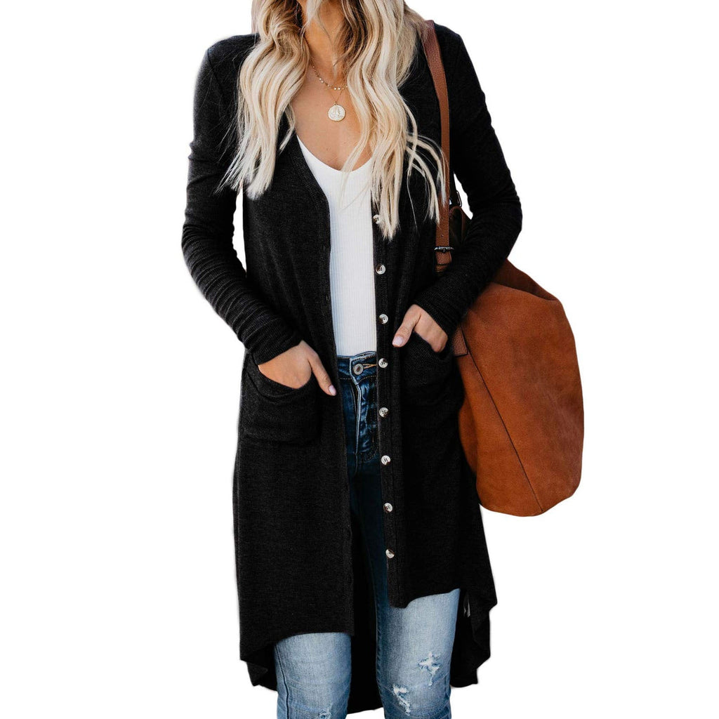 Women's Long Cardigan with Button Details and Pockets