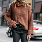 Women's Cozy Knit Pullover with High Collar and Modern Waffle Pattern