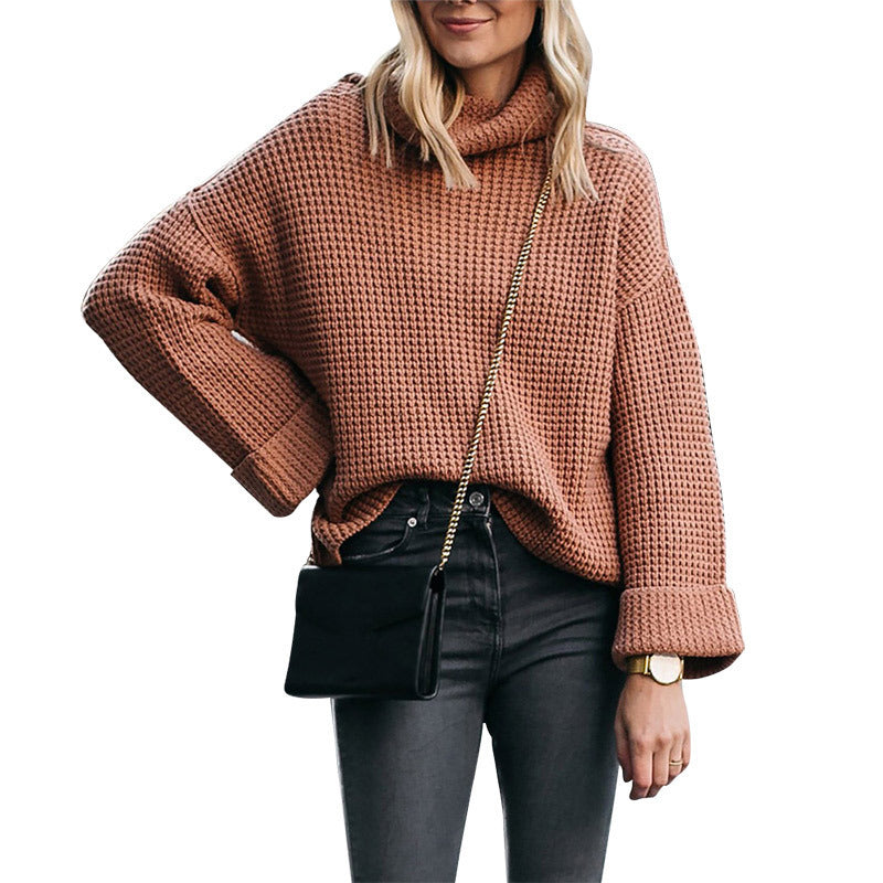 Women's Cozy Knit Pullover with High Collar and Modern Waffle Pattern