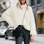 Women's Cozy Knit Pullover with High Collar and Modern Waffle Pattern