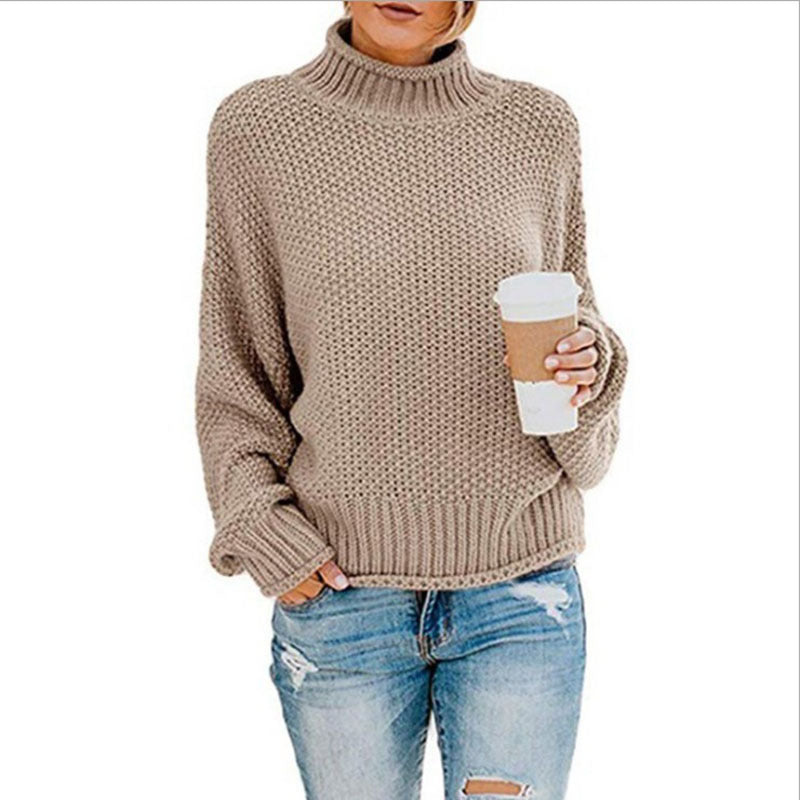 Cozy Women's Knit Sweater with High Collar and Soft Texture