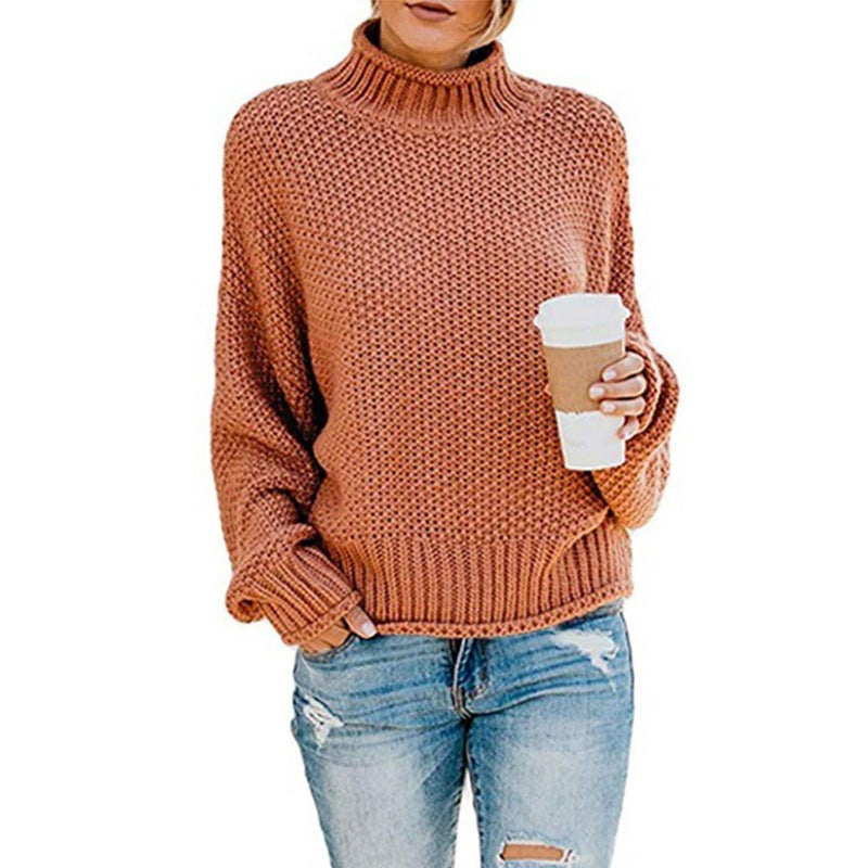 Cozy Women's Knit Sweater with High Collar and Soft Texture