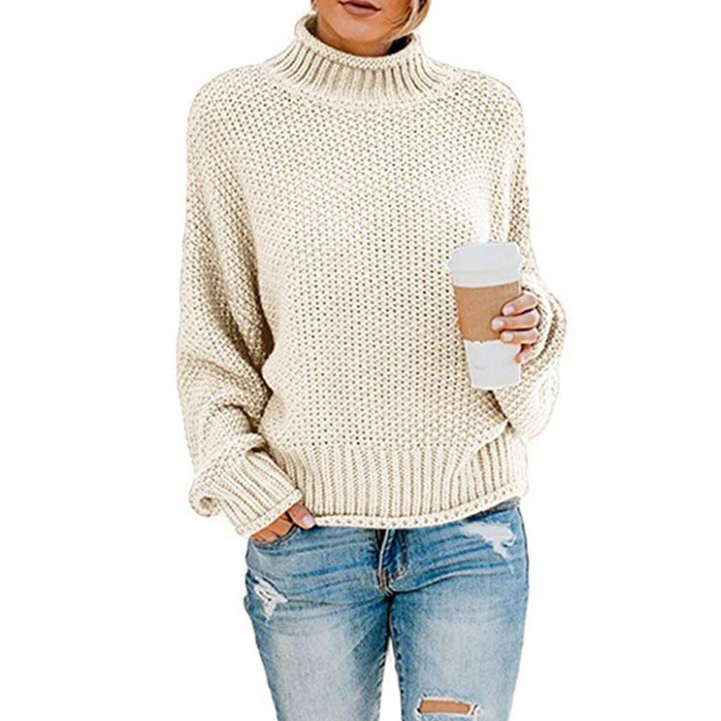 Cozy Women's Knit Sweater with High Collar and Soft Texture