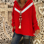 Women's Chunky Knit Sweater with Hood and Decorative Detail