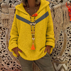 Women's Chunky Knit Sweater with Hood and Decorative Detail