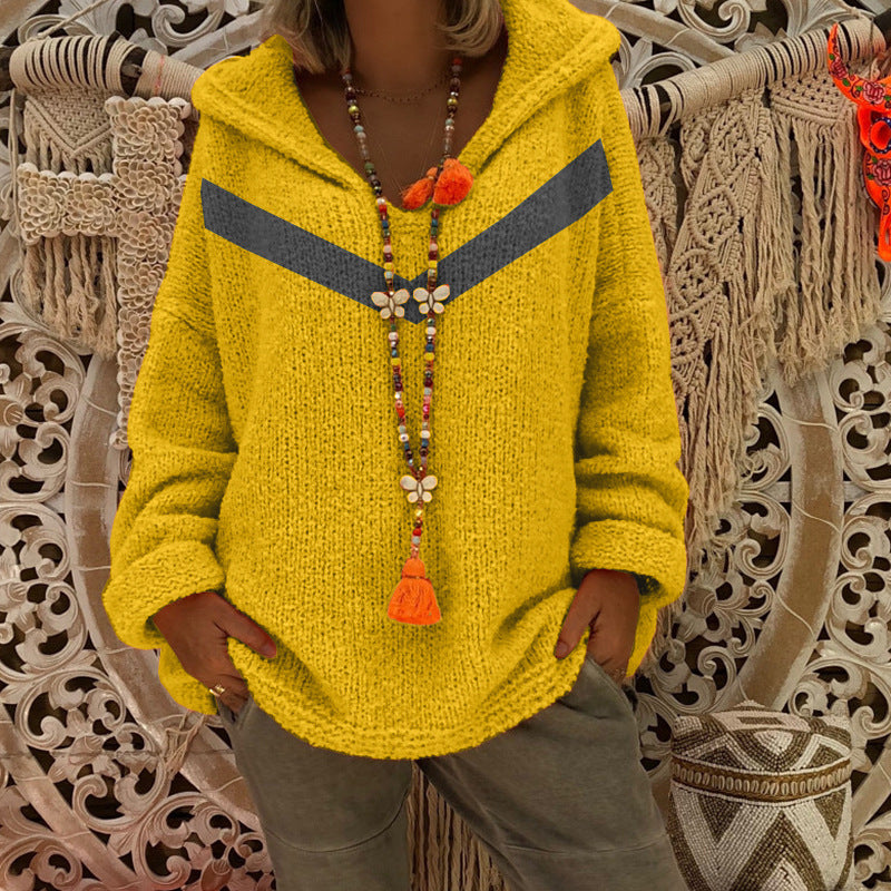 Women's Chunky Knit Sweater with Hood and Decorative Detail