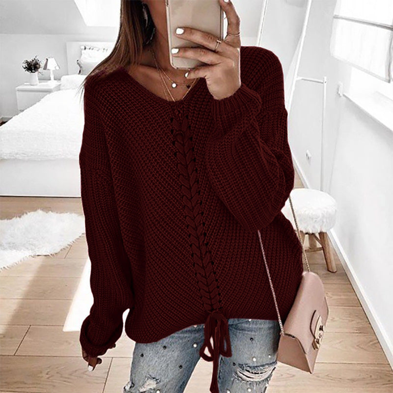 Women's Chunky Knit Sweater with Innovative Cord Detail