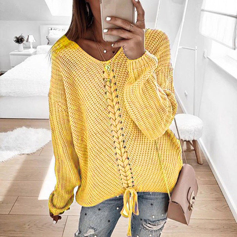 Women's Chunky Knit Sweater with Innovative Cord Detail