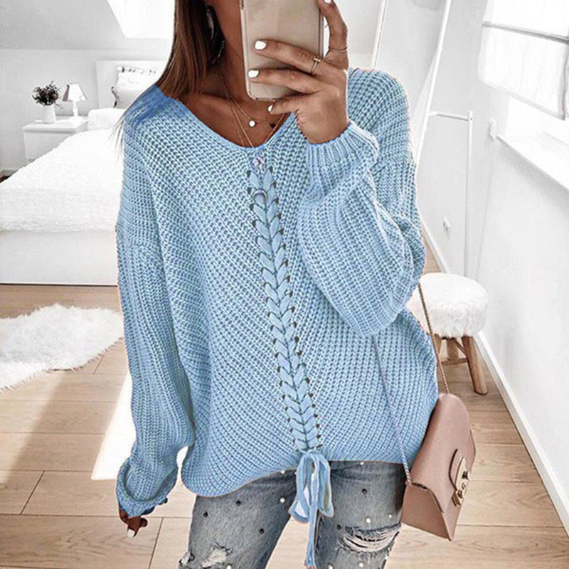 Women's Chunky Knit Sweater with Innovative Cord Detail