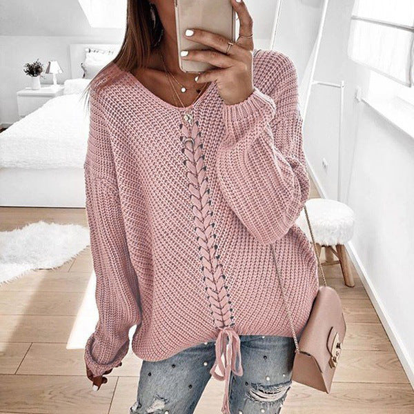 Women's Chunky Knit Sweater with Innovative Cord Detail