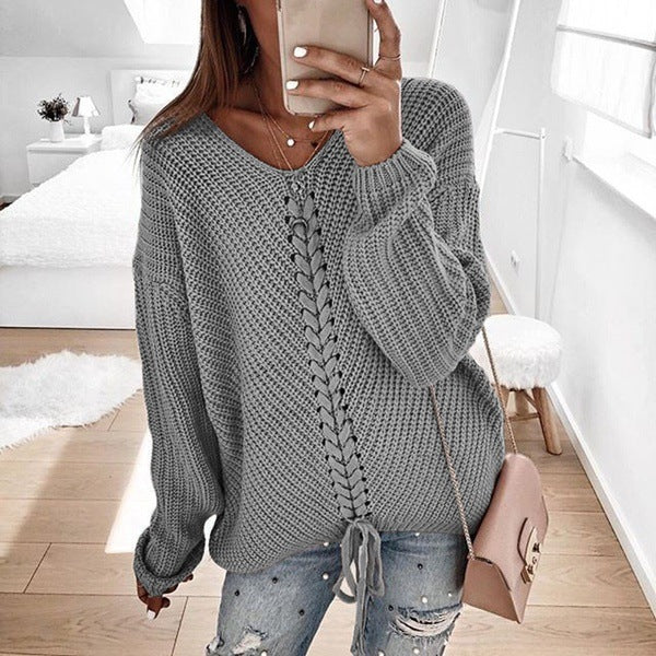 Women's Chunky Knit Sweater with Innovative Cord Detail