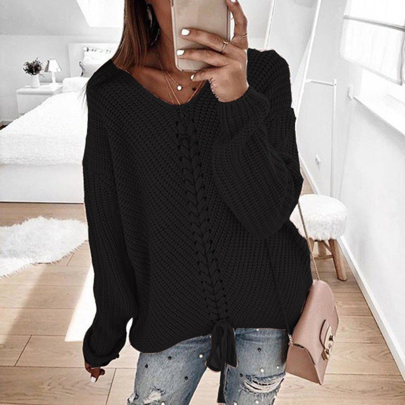 Women's Chunky Knit Sweater with Innovative Cord Detail