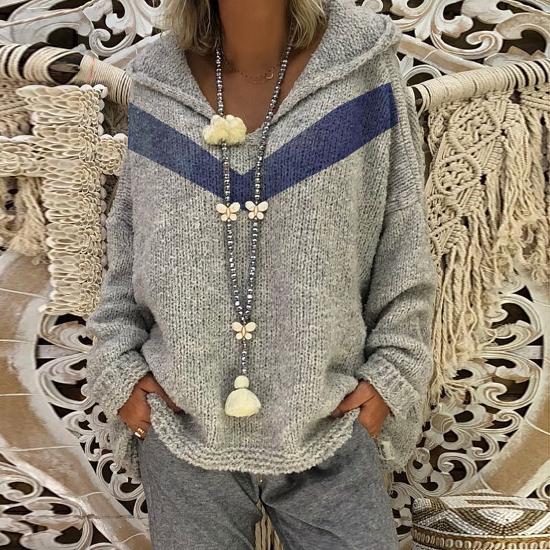 Women's Chunky Knit Sweater with Hood and Decorative Detail