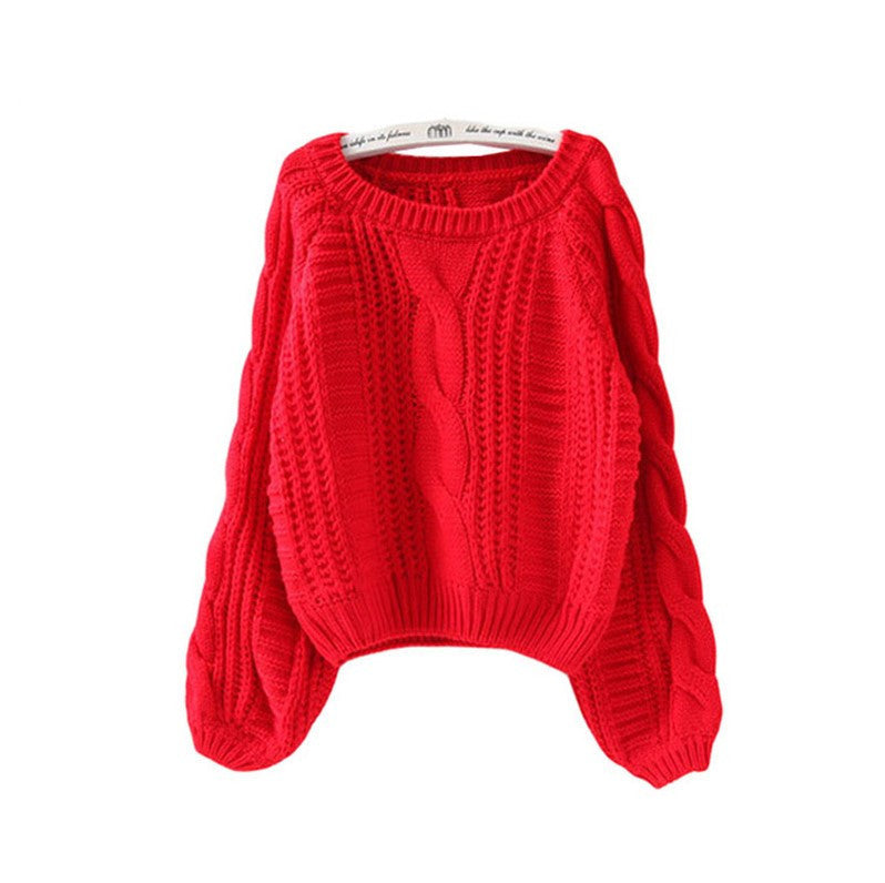 Women's Chunky Knit Sweater with Voluminous Sleeves and Cable Knit