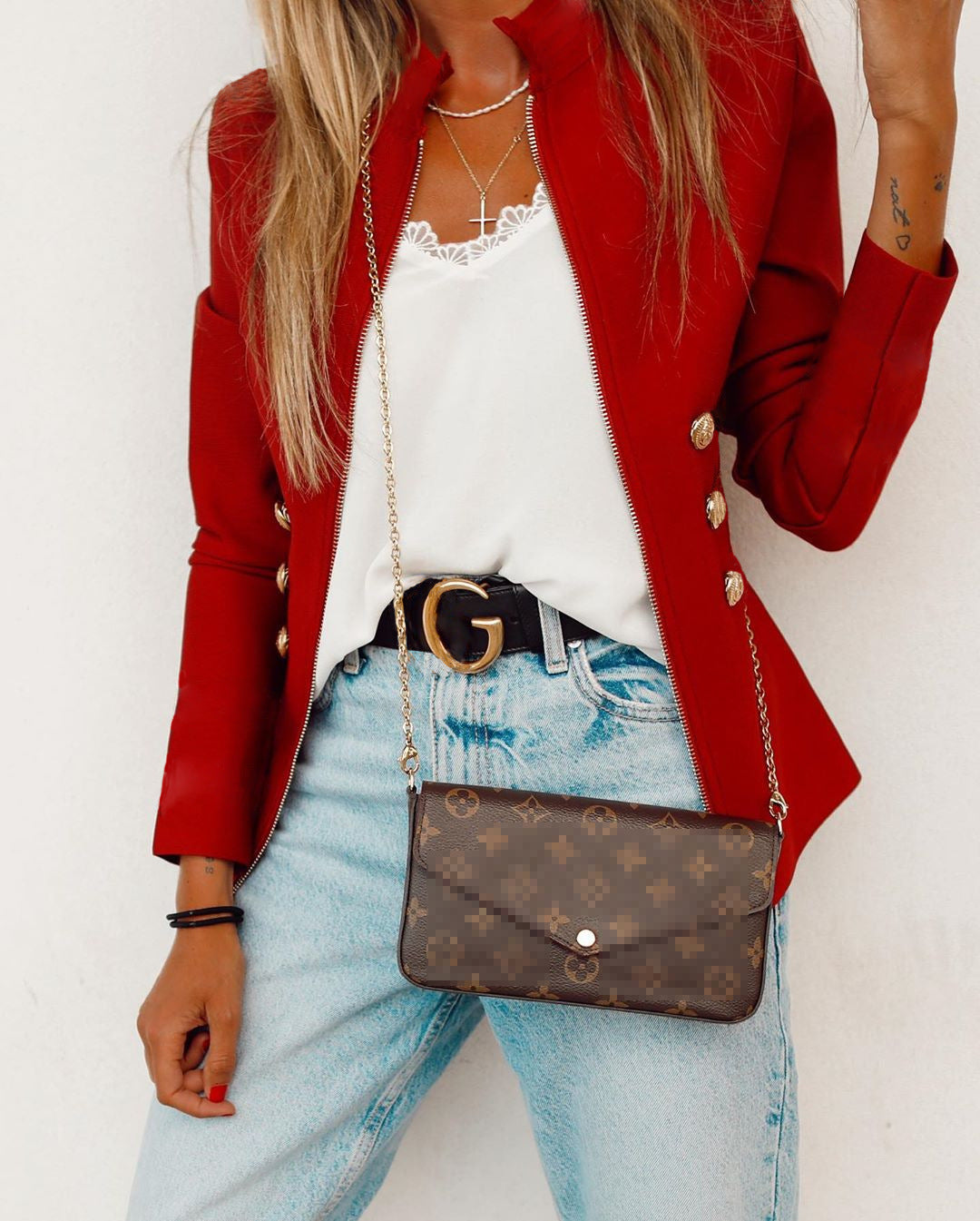 Women's Elegant Blazer Jacket with Gold Buttons and High Collar