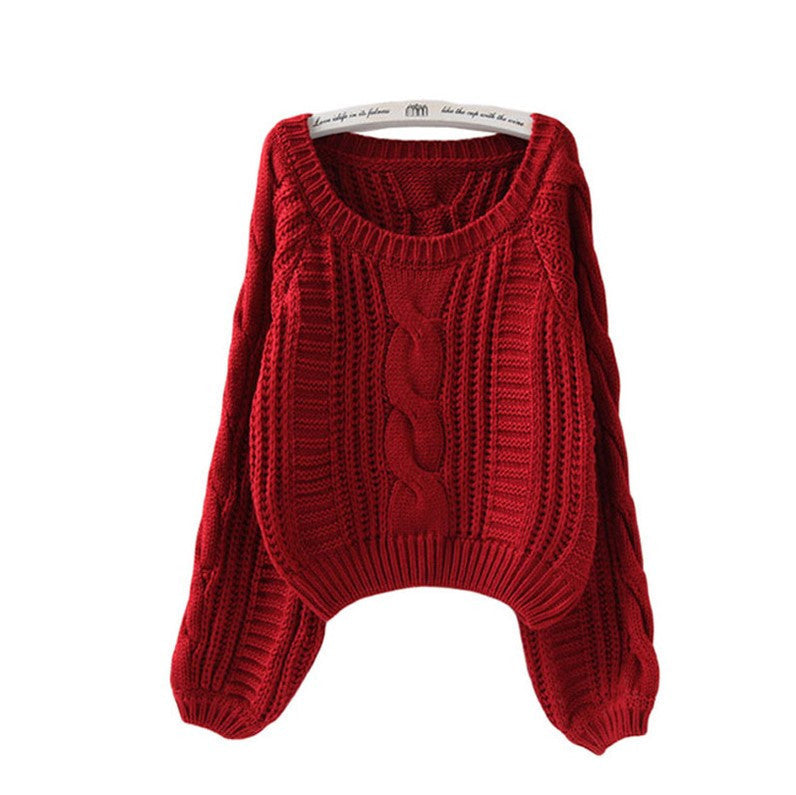 Women's Chunky Knit Sweater with Voluminous Sleeves and Cable Knit