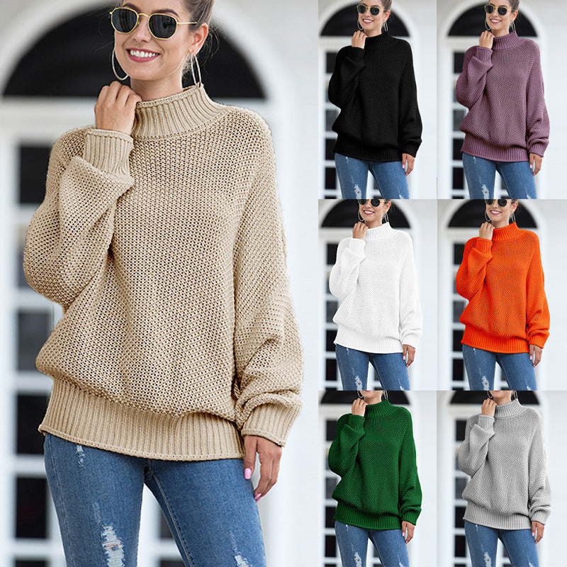Women's Chunky Knit Sweater with High Turtleneck and Casual Fit