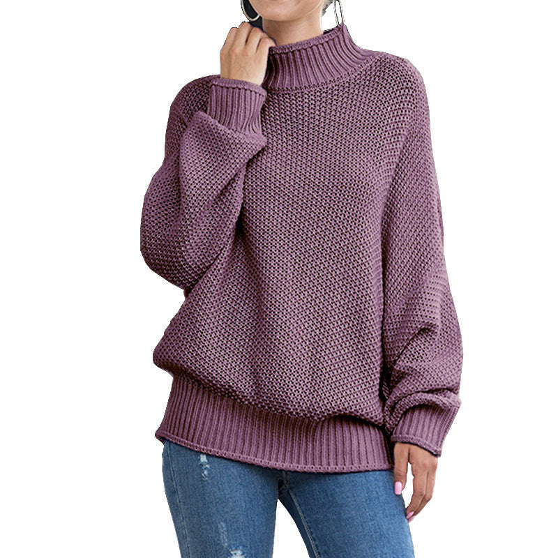 Women's Chunky Knit Sweater with High Turtleneck and Casual Fit