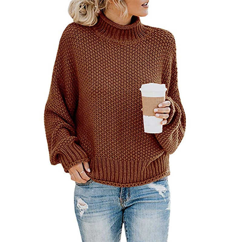 Women's Chunky Knit Sweater with High Collar and Casual Fit