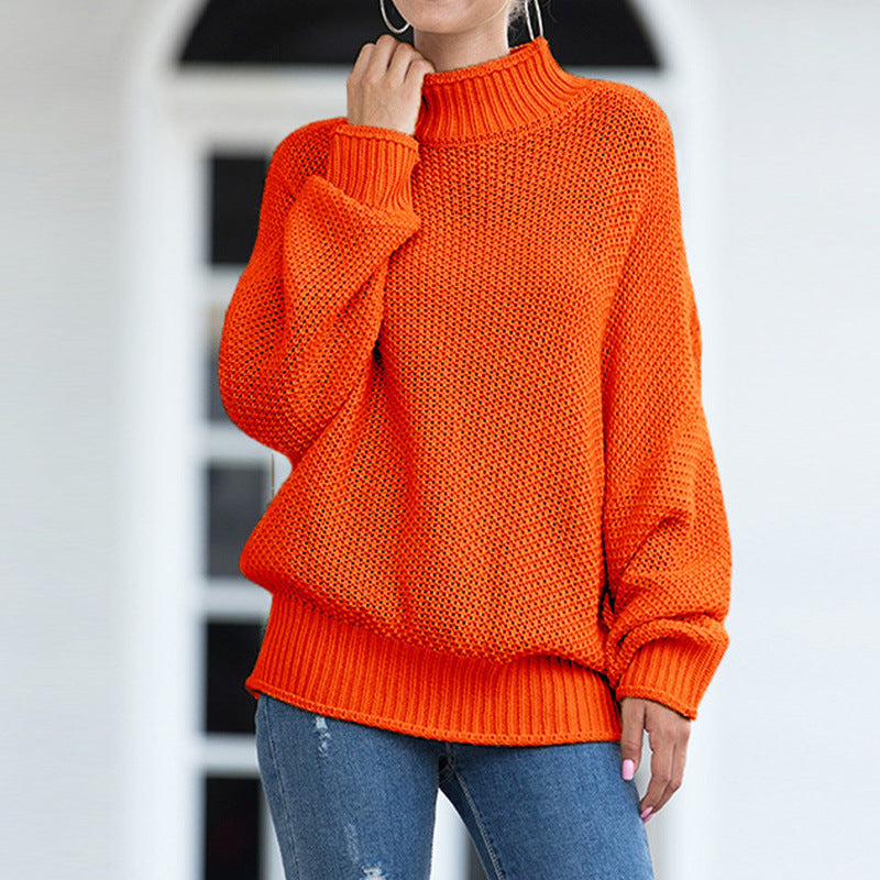 Women's Chunky Knit Sweater with High Turtleneck and Casual Fit