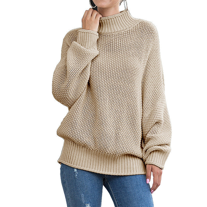 Women's Chunky Knit Sweater with High Turtleneck and Casual Fit