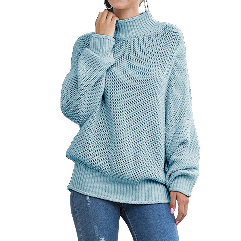 Women's Chunky Knit Sweater with High Turtleneck and Casual Fit