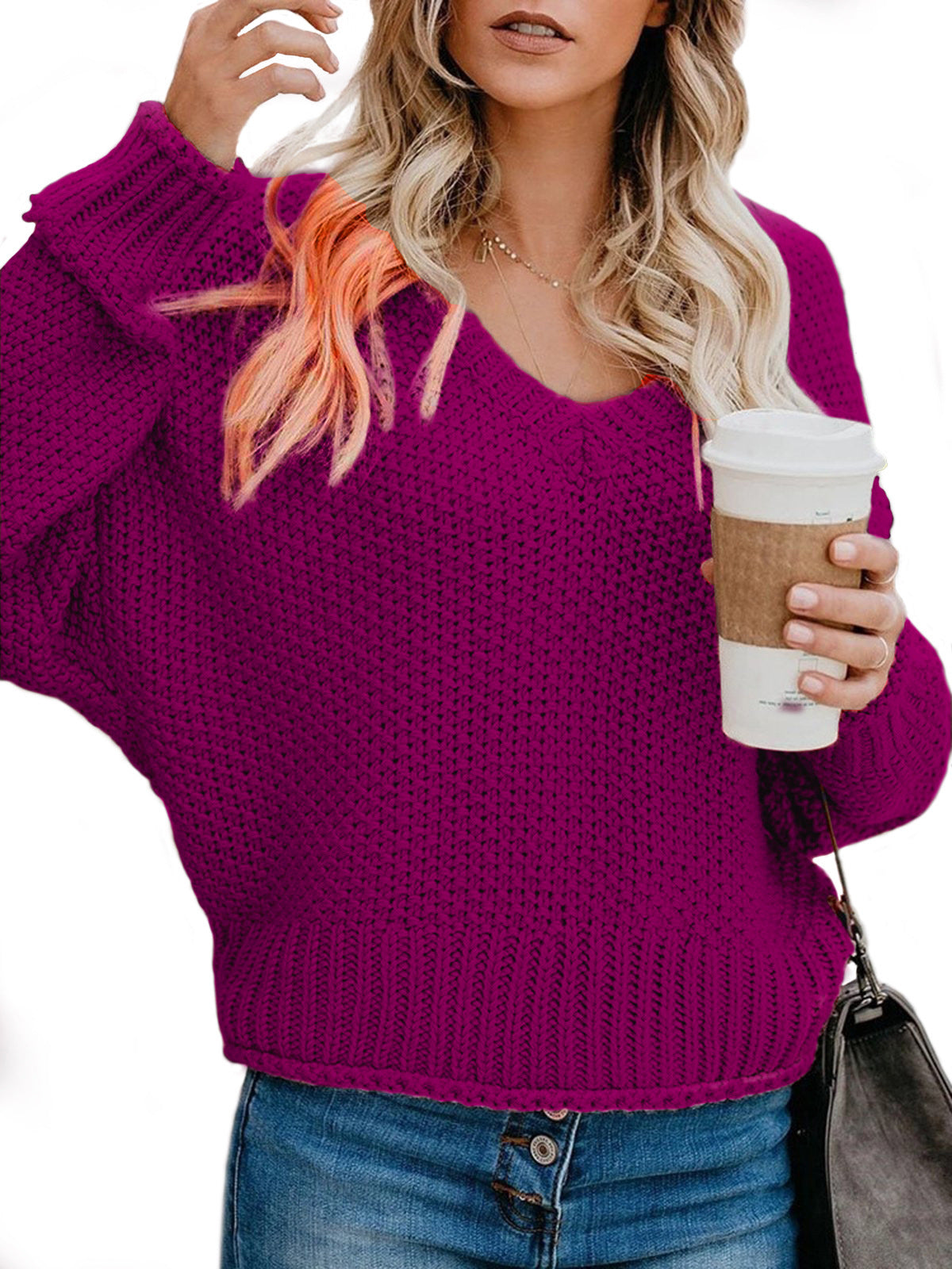 Women's Chunky Knit Sweater with V-Neck and Relaxed Fit