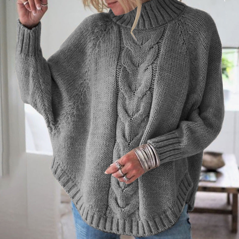 Women's Chunky Knit Sweater with Comfortable Stand-Up Collar and Cable Knit Pattern