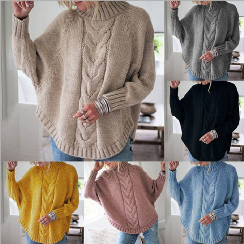 Women's Chunky Knit Sweater with Comfortable Stand-Up Collar and Cable Knit Pattern