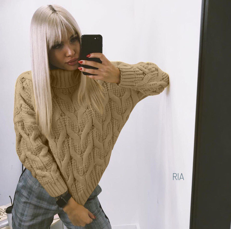 Women's Chunky Knit Sweater with High Neck and Detailed Cable Design