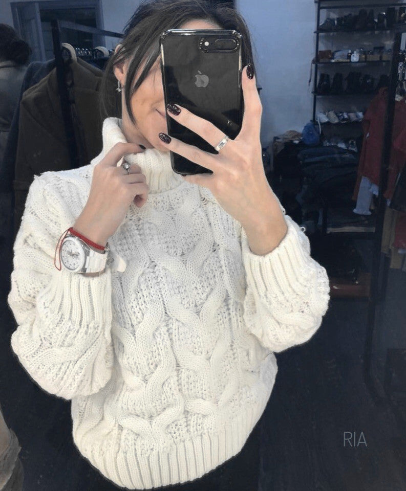 Women's Chunky Knit Sweater with High Neck and Detailed Cable Design