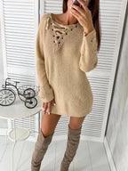 Women's Chunky Knit Sweater with Lace-Up Detail