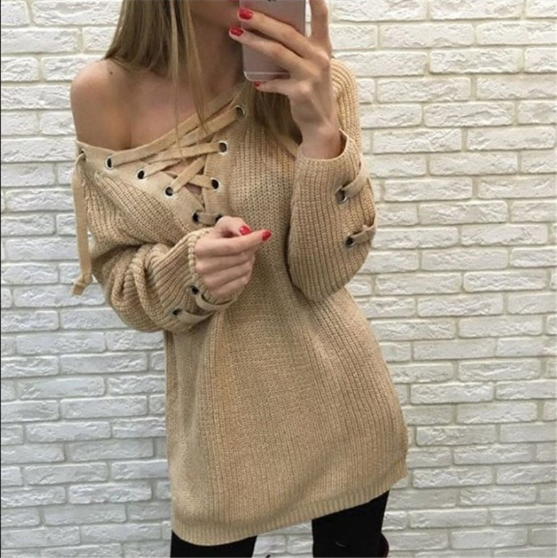 Women's Chunky Knit Sweater with Lace-Up Detail