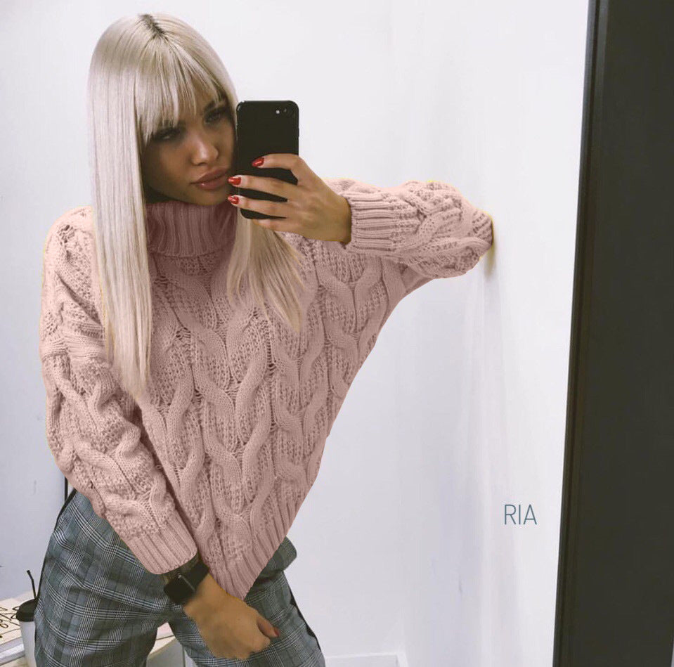 Women's Chunky Knit Sweater with High Neck and Detailed Cable Design