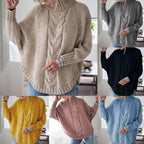 Women's Chunky Knit Sweater with High Collar and Cable Pattern