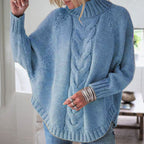 Women's Chunky Knit Sweater with High Collar and Cable Pattern