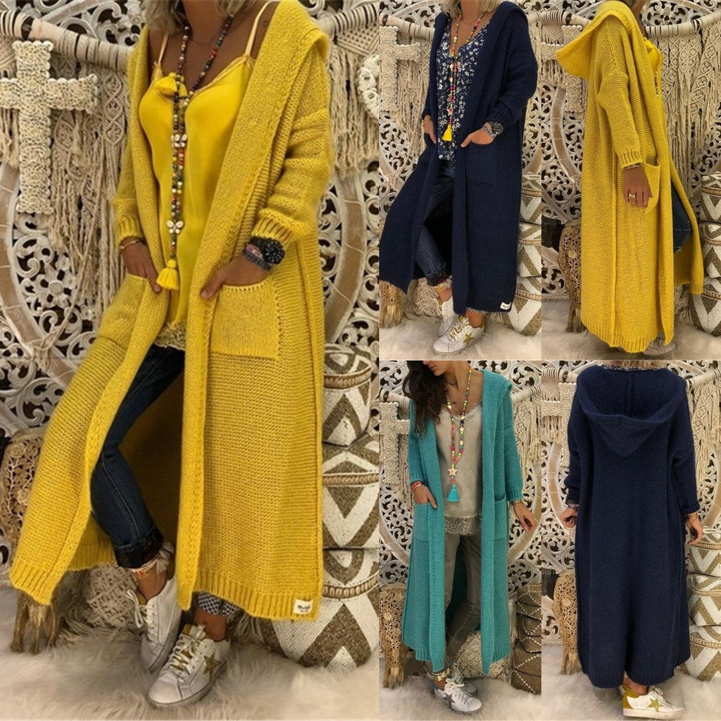 Women's Long-Sleeve Knit Coat with Hood and Pockets