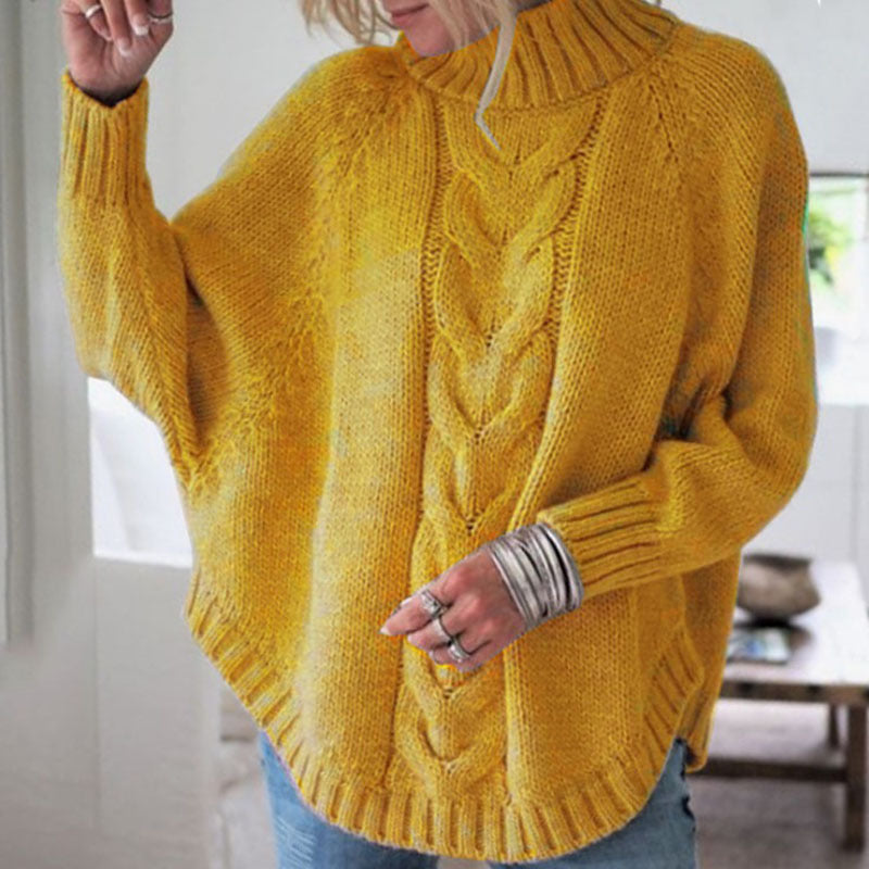 Women's Chunky Knit Sweater with High Collar and Cable Pattern