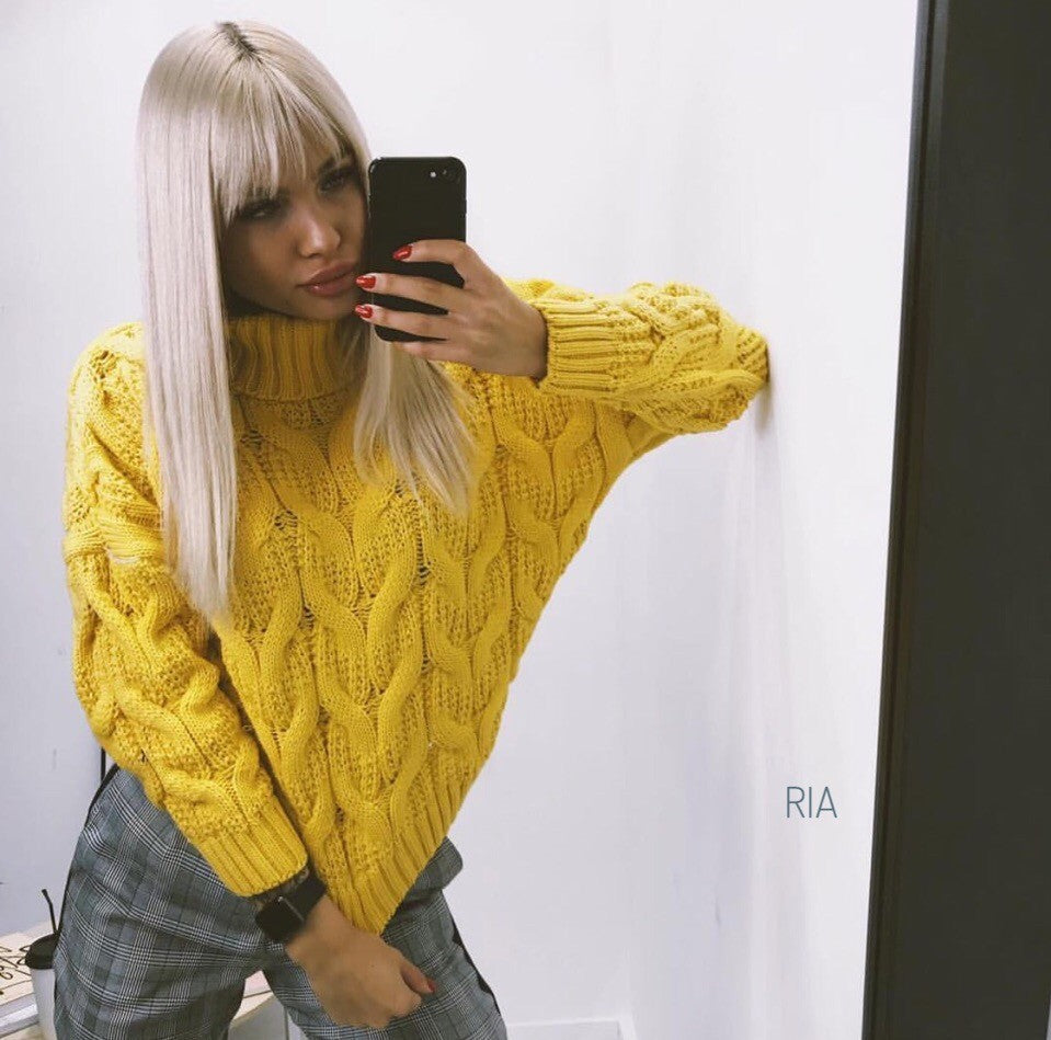 Women's Chunky Knit Sweater with High Neck and Detailed Cable Design