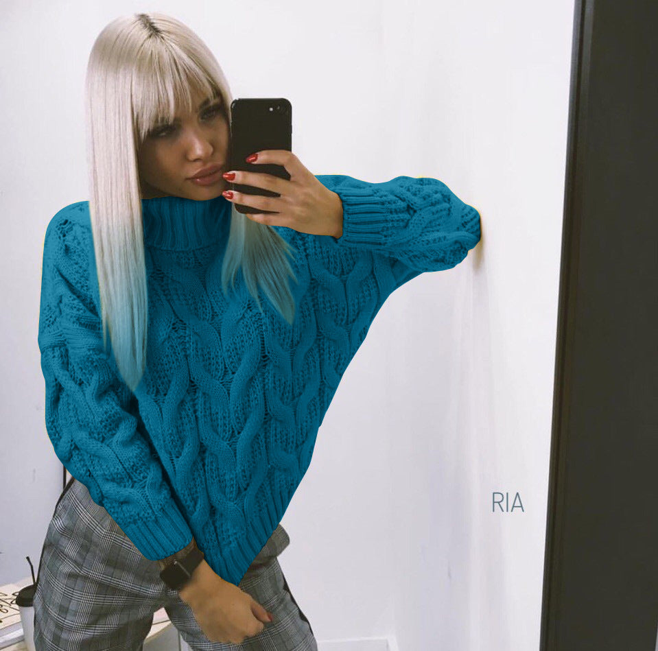 Women's Chunky Knit Sweater with High Neck and Detailed Cable Design