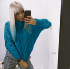 Women's Chunky Knit Sweater with High Neck and Detailed Cable Design