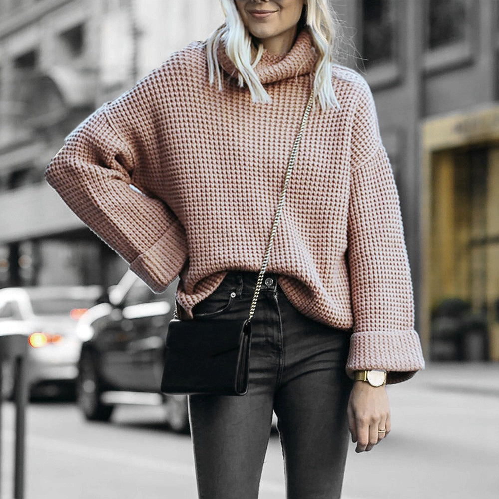 Women's Cozy Knit Pullover with High Collar and Modern Waffle Pattern