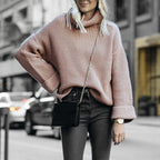 Women's Cozy Knit Pullover with High Collar and Modern Waffle Pattern