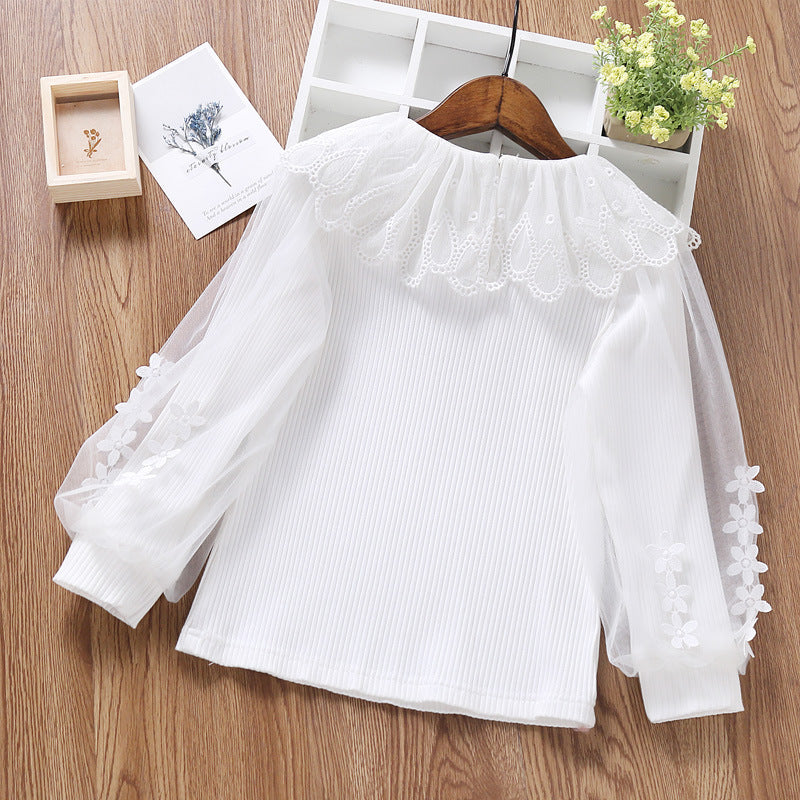 Elegant Women's Blouse with Romantic Tulle Collar and Floral Details